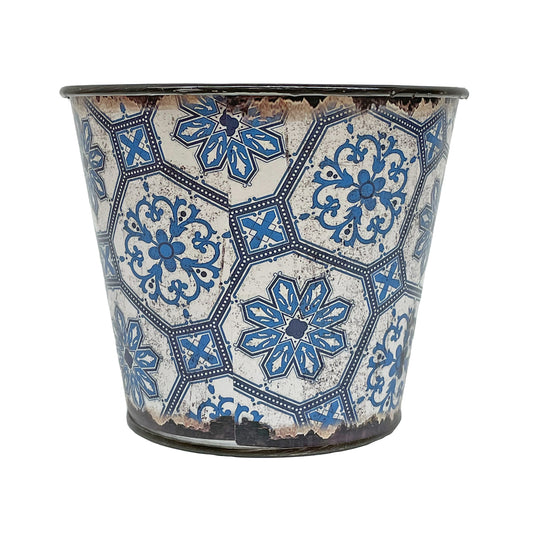 Metal Planter with Blue Pattern